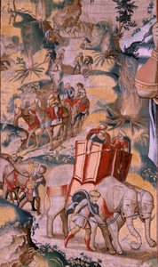 نسيج فلمنكي. مسلسل تاريخ حنبعل. عبور جبال الألب (باسو دي لوس ألب). النسيج الثاني لتلك المحفوظة. نماذج سيد هولندا المجهول. تصنيع بروكسل ، ورشة. Ca 1570. أقمشة صوف وحرير ، 6،5 / 7 لفات لكل بواسطة المدرسة الفلمنكية