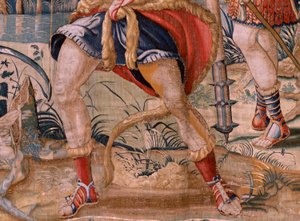 نسيج فلمنكي. سلسلة أعمال هرقل. هرقل والطيور Stymphalian (Hércules y las aves del lago Estínfalo). النسيج الأول في السلسلة الموجودة. نموذج غير معروف. مصنع ويليم ديرموين ، بروكسل. كاليفورنيا 1528. نسيج حرير وصوف. ؛ مقاس بواسطة المدرسة الفلمنكية