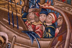 نسيج فلمنكي. السلسلة البرتغالية في الهند: الوصول إلى كاليكوت (De Aankomst in Calicut ، Llegado de Vasco de Gama a Lisboa). كاليفورنيا 1510. مجموعة Caixa Geral de Depósitos ، لشبونة. التفاصيل. بواسطة المدرسة الفلمنكية