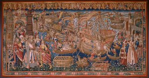نسيج فلمنكي. السلسلة البرتغالية في الهند: الوصول إلى كاليكوت (De Aankomst in Calicut ، Llegado de Vasco de Gama a Lisboa). كاليفورنيا 1510. مجموعة Caixa Geral de Depósitos ، لشبونة. بواسطة المدرسة الفلمنكية