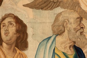 نسيج فلمنكي. سلسلة انتصار القربان المقدس. المبشرون الأربعة (Los cuatro evangelistas). نسيج الحادي عشر في السلسلة. نموذج بيتر بول روبنز. 1626-1628. مصنع جان الثاني رايس ، هانز فيرفورت ، جاك فوبرت ، بروكسل بواسطة المدرسة الفلمنكية