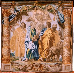نسيج فلمنكي. سلسلة انتصار القربان المقدس. المبشرون الأربعة (Los cuatro evangelistas). نسيج الحادي عشر في السلسلة. نموذج بيتر بول روبنز. 1626-1628. مصنع جان الثاني رايس ، هانز فيرفورت ، جاك فوبرت ، بروكسل بواسطة المدرسة الفلمنكية
