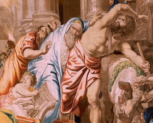 نسيج فلمنكي. سلسلة انتصار القربان المقدس. انتصار القربان المقدس على التضحيات الوثنية (Victoria de la Eucaristía sobre los sacrificios paganos). النسيج الرابع في السلسلة. نموذج بيتر بول روبنز. 1626-1628. المصنع Jan II Raes، Jac بواسطة المدرسة الفلمنكية
