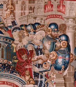 نسيج فلمنكي. مسلسل حرب طروادة. تدمير طروادة (Destrucción de Troya). نسيج الحادي عشر في السلسلة. نموذج Coëtivy Master (Henry أو Conrard de Vulcop). تصنيع ورش تورناى. كاليفورنيا 1470. نسيج صوف وحرير ، 6/7 انفتال لكل سم. بواسطة المدرسة الفلمنكية