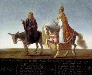 "" يسوع مُصَوَّر على حمار جنبًا إلى جنب مع البابا الثري على ظهر حصان "" رسم كاريكاتوري لوثري ضد البابا - لوحة مجهولة المصدر