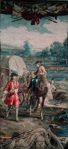 منظر طبيعي مع مشهد معركة وحصان وعربة في المقدمة ، من سلسلة 'The Military Science' ، ورشة عمل Judocus de Vos ، حوالي 1715-24 (نسيج) بواسطة المدرسة الفلمنكية