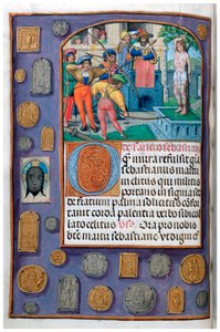 MS 4, vol. 127, f.112v, Martyrdom of St Sebastian with trompe l’oeil border of pilgrim badges and vernicle, from a Book of Hours, Flanders, early sixteenth century (pen & ink and tempera on vellum) بواسطة المدرسة الفلمنكية