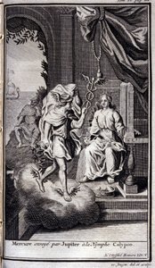 أرسل كوكب عطارد إلى الحورية كاليبسو. رسم توضيحي لكتاب V of the Odyssee of Homere ، في Odyssee ، نُشر في أمستردام عام 1731 ، Collection privee Milan. بواسطة المدرسة الفلمنكية