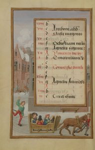 السيدة 1058-1975 f1v Street Scene in the Snow ، صفحة التقويم المضيئة لشهر يناير ، من كتاب ساعات ، c.1500 بواسطة المدرسة الفلمنكية