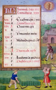 Ms 1058-1975 f6r Mowing Grass ، صفحة تقويم مضيئة لشهر يونيو ، من كتاب الصلوات ، حوالي 1500 (ورق) بواسطة المدرسة الفلمنكية