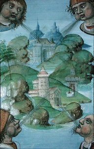 السيدة هانتر 9 f.47v أربع رياح تهب في الزوايا على منظر طبيعي لأرضية البحر ، من "De Medina Fen I II ، بواسطة Avicenna (980-1037)" (رق) بواسطة المدرسة الفلمنكية