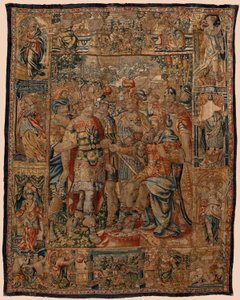متحف أبرشية المفروشات (Museo Parroquial de Tapices de Pastrana). نسيج فلمنكي. الشاب الإسكندر لأبيه فيليب (El joven Alejandro ante su padre Filipo). بروكسل. القرن السادس عشر. 328x407 سم. بواسطة المدرسة الفلمنكية