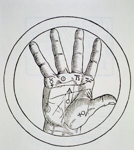 موقع الكواكب على اليد اليمنى ، نسخة من رسم توضيحي من De Occulta Philosophia Libri III ، بقلم Henricus Cornelius Agrippa ، أنتويرب 1533 ، تم استخدامه في تاريخ السحر ، تم نشره في أواخر القرن التاسع عشر. بواسطة المدرسة الفلمنكية