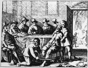 معاقبة Tincers على ساحر - نقش عام 1725 في "La Sorcellerie demasquee" ('t Afgerukt mom-aansight der tooverye) لأبراهام بالينغ بواسطة المدرسة الفلمنكية