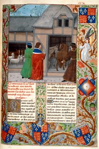 Royal 14 E. VI، f.215 ، مؤلف مع الخيول والأغنام ، من "Rustican، the Cultivation of the Land" أو "Commoda Ruralia" ، حوالي 1473-83 (رق) ؛ بواسطة المدرسة الفلمنكية