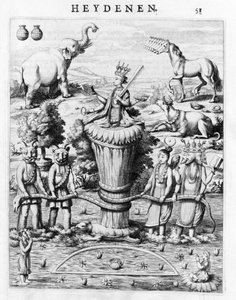 Samudramathana ، بمشاركة ديفا (سوريا ، شيفا ، فيشنو ، براهما) مع الشياطين والجبال. بحسب Baldaeus Philippus Afgoderye der oost-indische Heydenen. أمستردام 1672 بواسطة المدرسة الفلمنكية