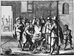 الساحر الذي تم تعذيب القلادة له - نقش عام 1725 في "La Sorcellerie demasquee" ('t Afgerukt mom-aansight der tooverye) لأبراهام بالينغ بواسطة المدرسة الفلمنكية