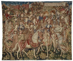 نسيج يظهر هرقل ورفاقه على جبل أوليمبوس، ربما صنع في تورناي، حوالي 1465-1470 (الصوف والحرير) بواسطة المدرسة الفلمنكية