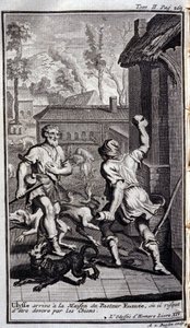 يصل يوليسيس إلى منزل القس إومي ، أو قد تبتاعه الكلاب. رسم توضيحي للكتاب XIV de l'Odyssee d'Homere ، في l'Odyssee ، نُشر في أمستردام عام 1731 ، Collection privee Milan. بواسطة المدرسة الفلمنكية
