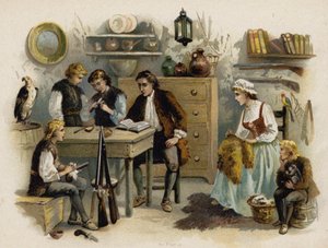 مشهد من عائلة روبنسون السويسرية: الأب يقرأ للعائلة في Rock Castle (Chromolitho) بواسطة فلورنسا مابلستون