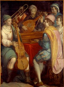 Concert Lute musicians, epinette, trombone and viola de gamba. Anonymous painting of the Florentine School 1550-1600. Sun 1,8x1,3 m