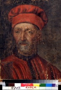 "" صورة للمصرفي الفلورنسي الثري لوكا بيتي (1394-1472) "" أطلق اسمه على قصر بيتي) لوحة لمدرسة فلورنسا من بداية القرن السادس عشر معرض دينيكا الإقليمي للفنون ، كورسك ، روسيا