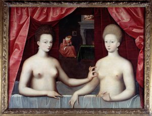 غابرييل ديستريس (1573-1599) ، عشيقة الملك هنري الرابع وأخته دوقة فيلارز (جوليان هيبوليت أو جوليان هيبوليت) (1575-1657) لوحة لمدرسة فونتينبلو بواسطة مدرسة فونتينبلو