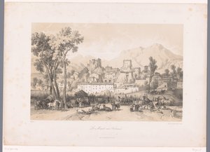 منظر لقرية بها سوق للحيوانات في واد Le Marché aux Bestiaux (العنوان على الكائن) بواسطة Gihaut frères