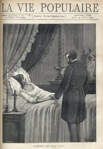 رجل يغمره الحزن ، يقف بجانب سريره ، يمسك بيد امرأته الجميلة الميتة. على طاولة السرير ، أضواء الشموع والصليب. على عتبة الموقد ، فنجان ومنحوتة نسائية بزي عتيق. المصور بواسطة فورتشن لويس ميول