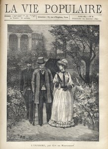 رجل متورط يسير مع شابة أنيقة في أزقة حديقة. رجل ثاني يتبعهم. رسم توضيحي لـ Fortune Louis (Fortune-Louis) Meaulle لـ "L'infirme" بقلم جاي دي موباسان (1850-1893). نقش من عام 1891 في "La vie populaire" " بواسطة فورتشن لويس ميول