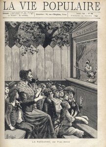 امرأة في منتصف مجموعة من الأطفال تصفق لعرض الدمى (Guignol). رسم توضيحي لـ Fortune Meaulle بواسطة Montegut لـ "الفلاح" بقلم Paul Arene (1843-1896). نقش في "La vie populaire" " بواسطة فورتشن لويس ميول