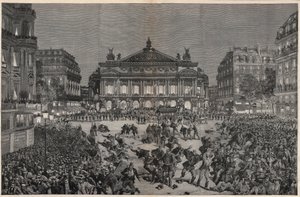 أعمال شغب في باريس تعترض على أداء "" Lohengrin "لريتشارد فاغنر في قصر غارنييه 1891 - مظاهرة وطنية ، ساحة الأوبرا ، في باريس عام 1891 أثناء التمثيل الأول لـ" Lohengrin "بقلم ريتشارد فاجنر - نقش فورتو