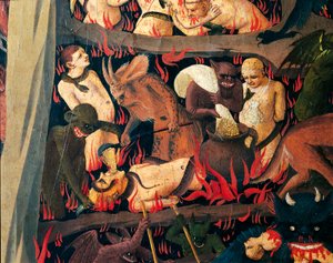 الجحيم مع الشياطين التي تعاقب الجشعين ، تفاصيل من Last Judgement بواسطة Giovanni da Fiesole المعروف باسم Fra Angelico (1400-حوالي 1455) ، تمبرا على الخشب