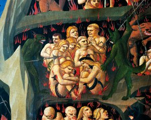 الجحيم مع الشياطين التي تعاقب الكسل ، التفاصيل من Last Judgement بواسطة Giovanni da Fiesole ، المعروف باسم Fra Angelico (1400-حوالي 1455) ، تمبرا على الخشب