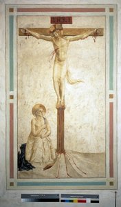 الصلب مع القديس دومينيك. نقش "INRI" على الصليب. فريسكو من قبل Guido di Pietro بواسطة فرا انجيليكو