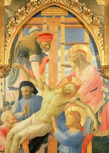 سانتا ترينيتا Altarpiece ، تفاصيل المسيح الميت الذي تم إنزاله من الصليب ، 1434 درجة حرارة وذهب على اللوحة
