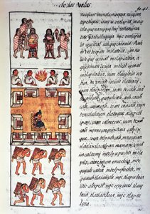 مجتمع الأزتك والموسيقيين والملك والتجار ، والنص باللغة الناهواتية ، من صورة طبق الأصل من مخطوطة التاريخ العام لأشياء إسبانيا الجديدة ، والمعروفة أيضًا باسم المخطوطة الفلورنسية ، بقلم برناردينو دي ساهاغون بواسطة فرا بيرنادينو دا ساهاغون