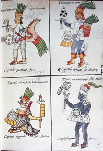 آلهة المكسيكيين القدماء ، Huitzilopochtli ، Tezcatlipoca ، Tlaloc و Paynal ، نص بالإسبانية ، من نسخة طبق الأصل من المخطوطة التاريخ العام لأشياء إسبانيا الجديدة ، المعروفة أيضًا باسم المخطوطة الفلورنسية ، بقلم برناردينو دي ساهاغون بواسطة فرا بيرنادينو دا ساهاغون