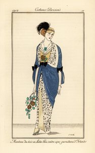 Woman in evening gown of ash blue satin with Irish lace. Manteau du soir en satin bleu cendre avec garnitures d’Irlande. Handcoloured pochoir (stencil) etching after an illustration by Xavier Gose from Tommaso Antongini’s Journal des Dames et des Modes, Au