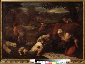 "Le soir" (المساء) عائلة من الرعاة ، نساء وأطفال يتناولون الغداء على العشب. رسم حاشية جاكوبو باسانو (دا بونتي) (1510-1592) من القرن السادس عشر ، متحف إيفان كرامسكوي (أو كرامسكوي) للفنون الجميلة في فورونيج (فورونيج) ، روسيا. بواسطة فرانشيسكو (دائرة) باسانو