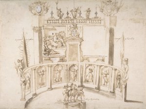 تصميم لحديقة مع جدار نصف دائري وتماثيل في منافذ. ، كاليفورنيا. 1635-1679.