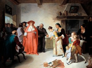 الكاردينال بوروميو يزور لوسي في منزل الخياط ، مشهد من خطبة أليساندرو مانزوني (1785-1873) ، بقلم فرانشيسكو كوجيتي (1804-1875) ، زيت على قماش ، 35.3 × 47.4 سم