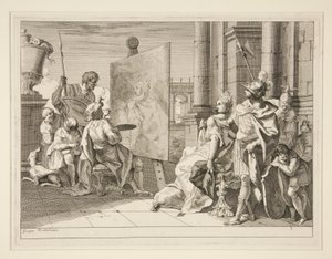 رسم Apelles كامباسبي ، عشيقة الإسكندر الأكبر ، واحدة من سلسلة من ثماني مطبوعات (Varii Baccanali et istorie