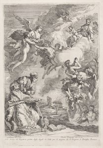 يصلي القديس غريغوريوس الكبير والقديس جيروم من أجل النفوس في المطهر Molte Anime del Purgatorio portate dagli Angeli in Cielo per le pregiere di S. Gregorio I. Pontefice Romano (العنوان على الكائن)