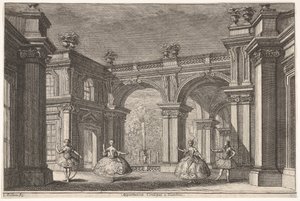 سيدتان ورجلين يرقصان في محيط معماري مزخرف ، نافورة في ... ، 1765. بواسطة فرانشيسكو جالي بيبينا
