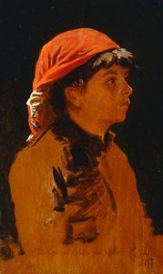 وشاح أحمر من تصميم فرانشيسكو جيولي (1846-1922) ، زيت على لوح ، 28 × 17 سم