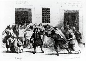 نهب عكازات المخابز ، حلقة من Betrothed ، بواسطة أليساندرو مانزوني (1785-1873) ، رسم توضيحي بقلم فرانشيسكو غونين (1808-1889) طبعة 1840