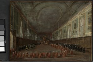البابا بيوس السادس نزل العرش لأخذ إجازة دوجي في قاعة SS. جيوفاني إي باولو ، 1782 والاحتفال البابوي في SS. جيوفاني إي باولو ، البندقية ، 1782 ، ج. 1783 بواسطة فرانشيسكو غواردي