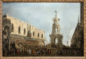 The Doge of Venice attends the feasts of Thursday Gras on Piazzetta di San Marco, the Doge is on the left, under the central arcade of the Doge