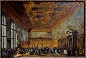 The audience granted by the Doge of Venice (probably Alvise IV Mocinego (1701-1778)) in the College Hall at the Ducal Palace of Venice Painting by Francesco Guardi (1712-1793) 1766-1770 Sun. 0,67 x 1,01 m بواسطة فرانشيسكو غواردي